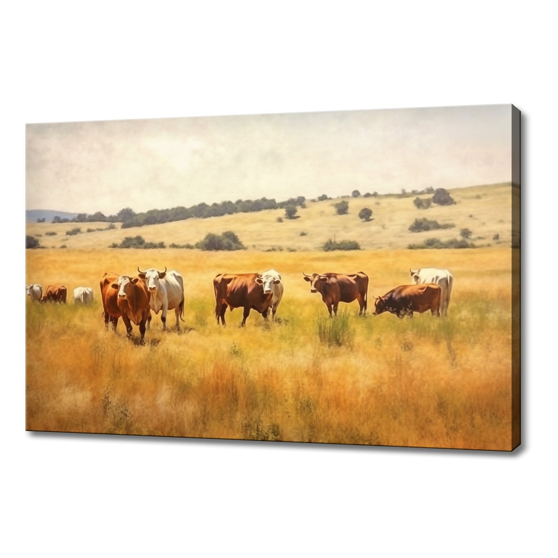 Cows Golden Pasture Herd Vintage Style Country Farm Landscape Wall Art