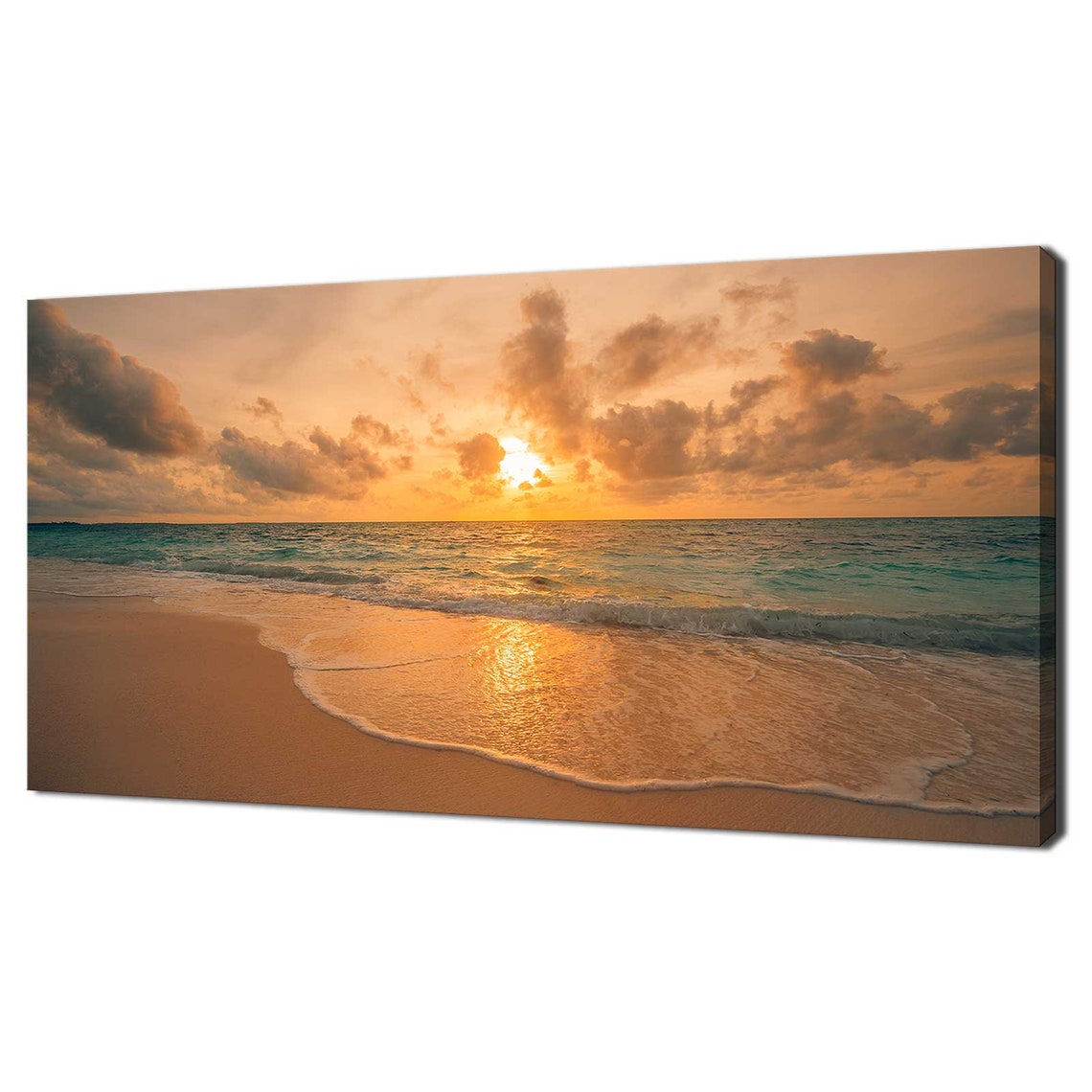 Tropical Beach Sunset Golden Waves Sandy Shore Cloudy Sky Wall Print