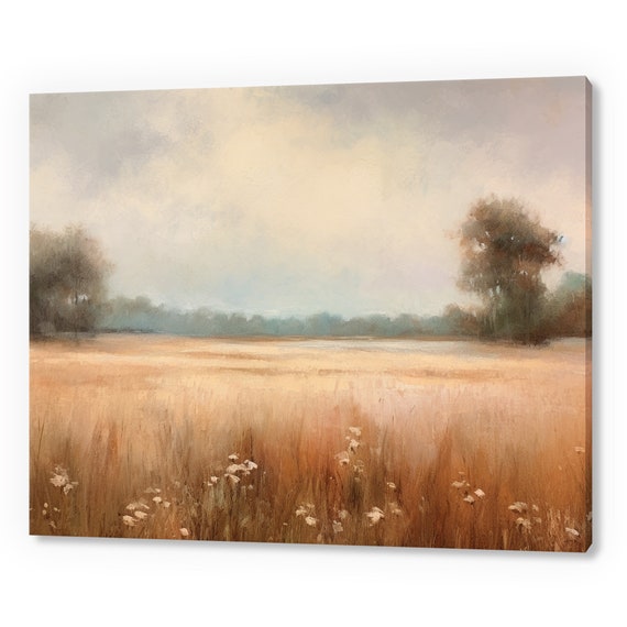 Spring Meadow Vintage Country Landscape Muted Moody Painting Style Print Farmhouse Decor Art Neutral Nature Picture Wall Hanging