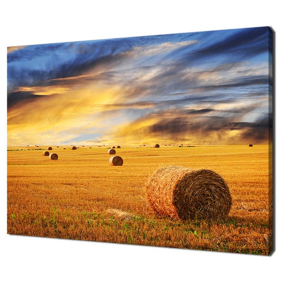 Golden Sunset Over Farm Field With Hay Bales Modern Design Home Decor Print Wall Art Picture Wall Hanging
