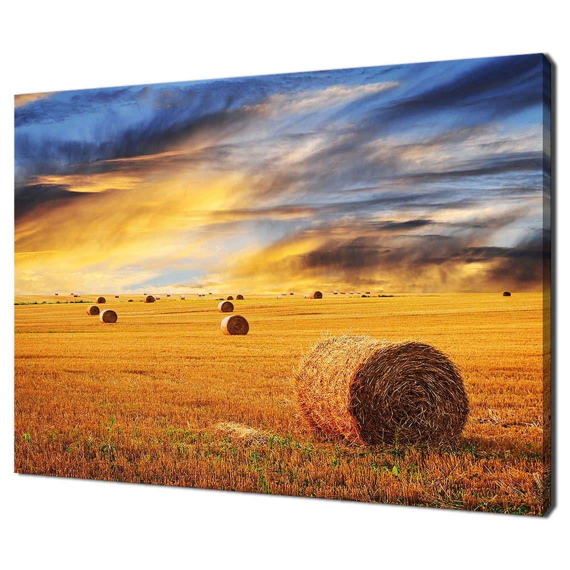 Golden Sunset Over Farm Field With Hay Bales Modern Design Home Decor Print Wall Art Picture Wall Hanging