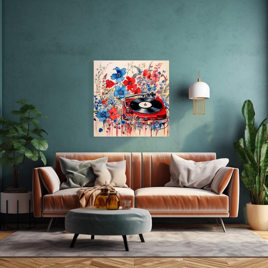 Red Turntable Vinyl Wildflowers Blue Red Watercolor Music Poster - Image 4