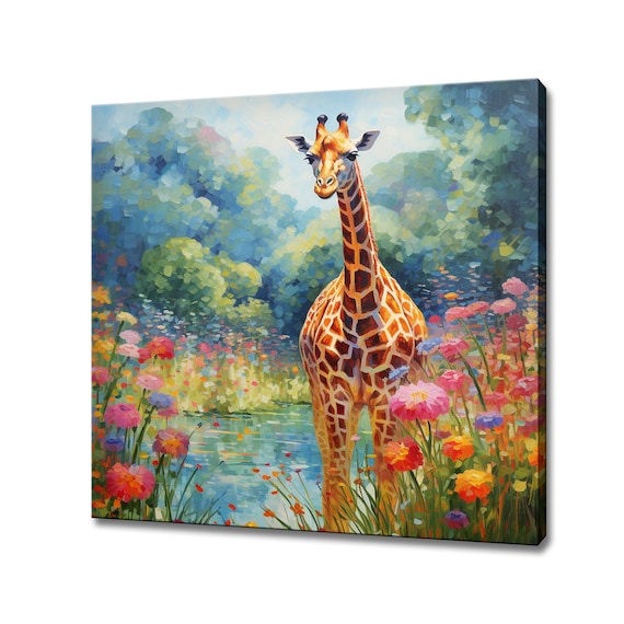 Giraffe By A Pond In A Colorful Flower Garden Painting Poster