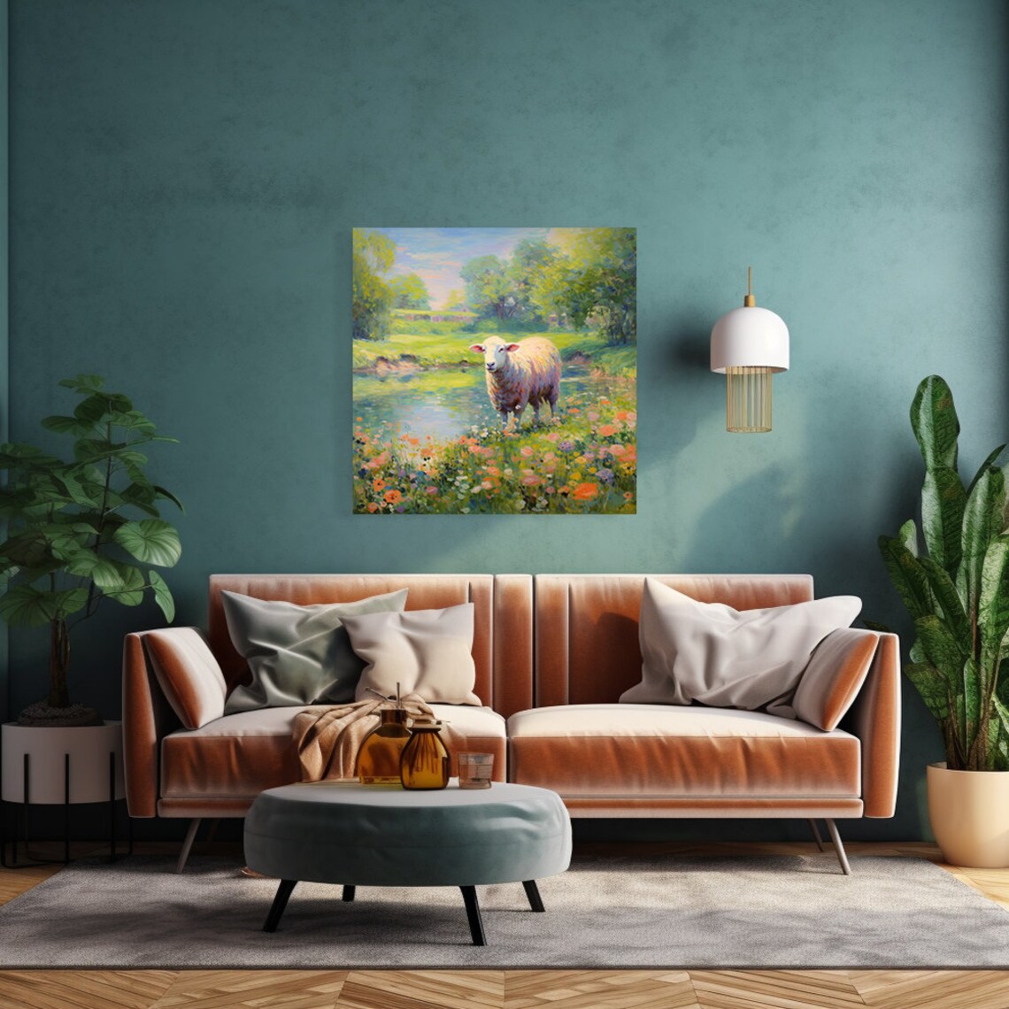 Sheep In Wildflower Meadow By The River Pastoral Animal Poster - Image 3