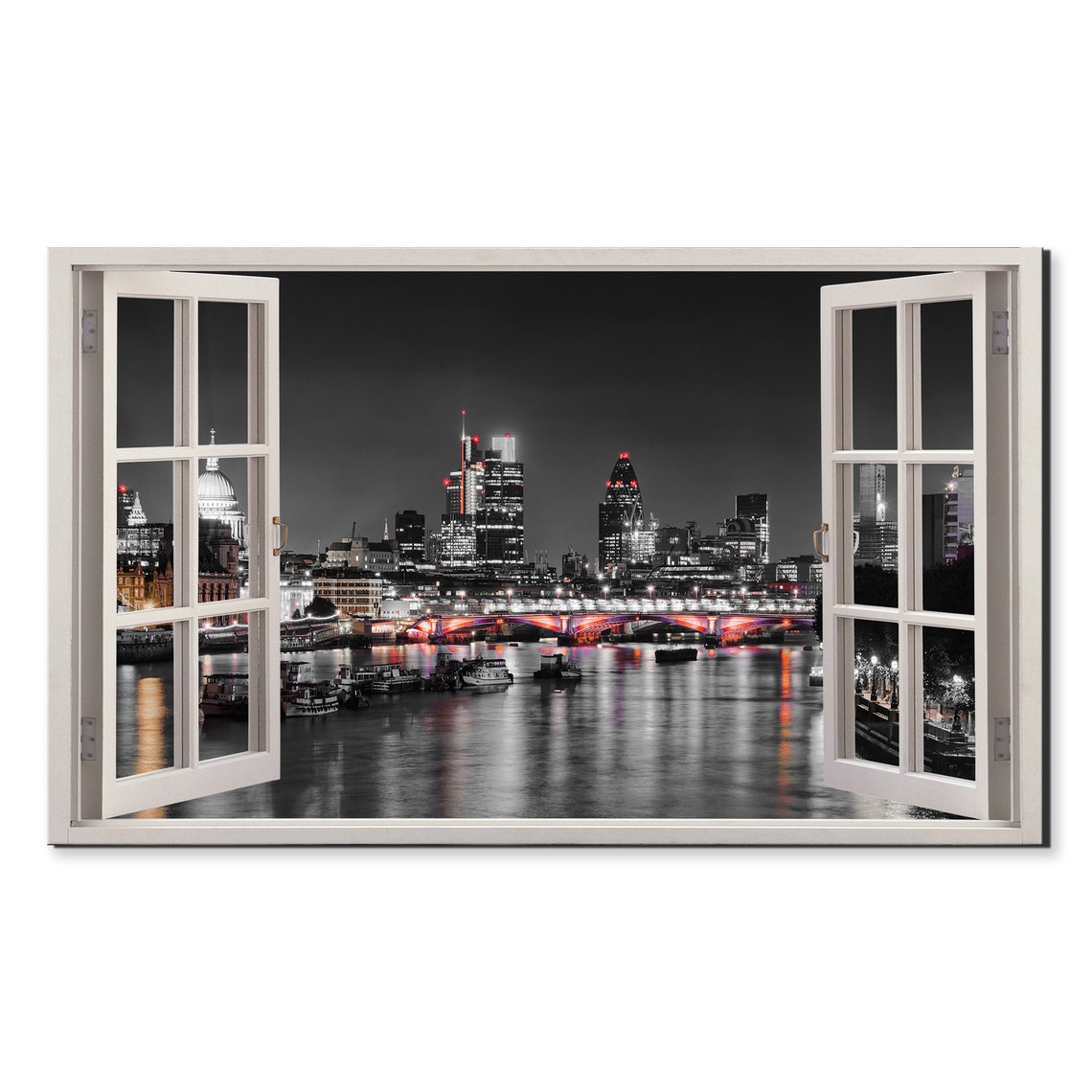 London Skyline Night Black White Red Accents Window View Poster