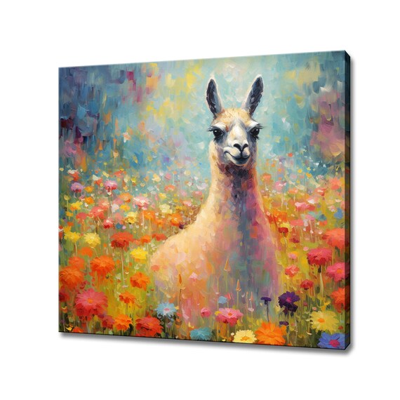 Smiling Llama Portrait in Colorful Wildflower Field Painting Poster