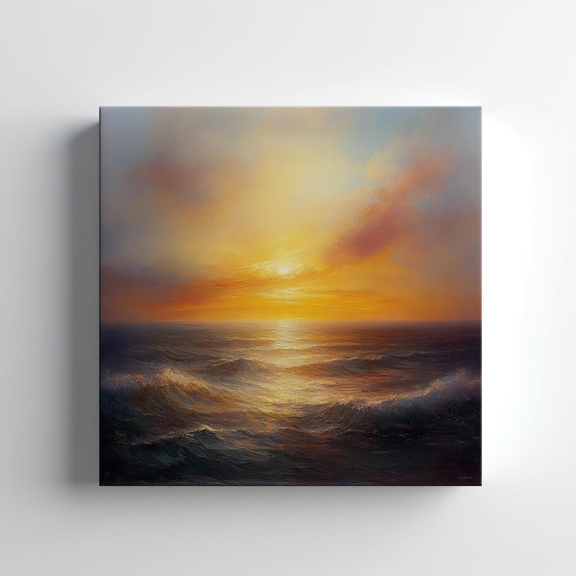 Golden Sunset Over Rolling Ocean Waves Impressionist Seascape Poster