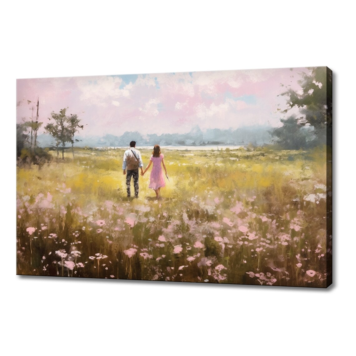 Couple Holding Hands Pink Wildflower Meadow Painting Art Poster