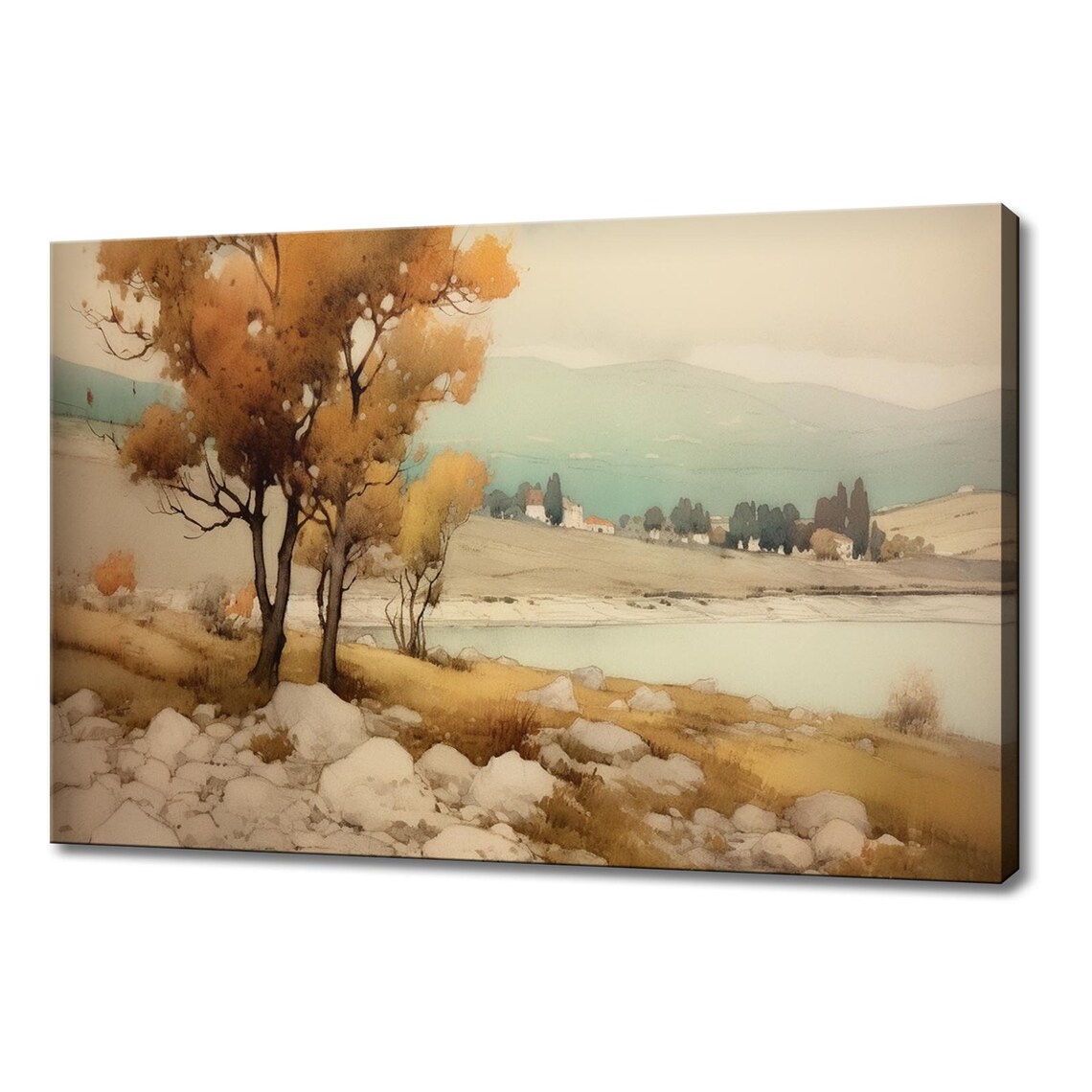 Golden Autumn Trees Lakeshore Village Rocky Shore Landscape Poster