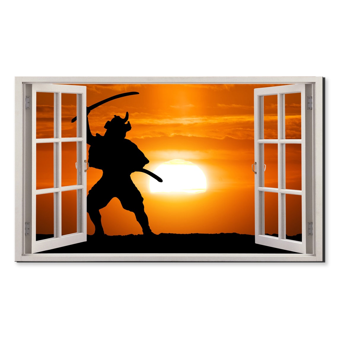 Samurai Warrior At Sunset Window View Window Frame Style Modern Design Home Decor Print Wall Art Picture Ready To Hang