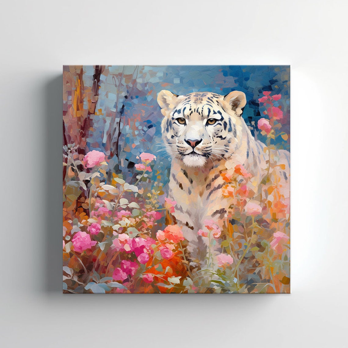 Snow Leopard Portrait Among Spring Blossoms Colorful Wildlife Poster - Image 4