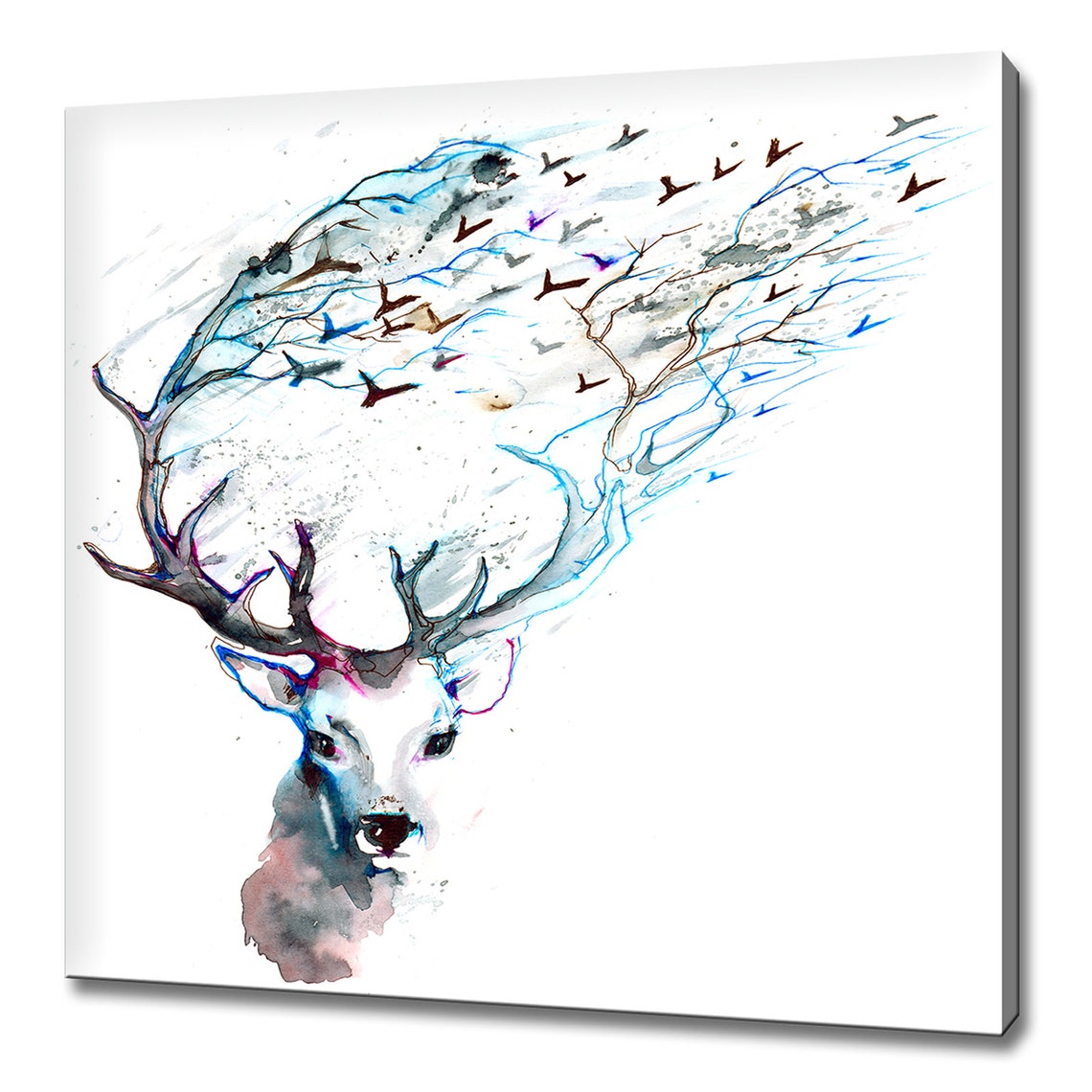 Deer Head Watercolor Painting With Birds Flying From Antlers Poster