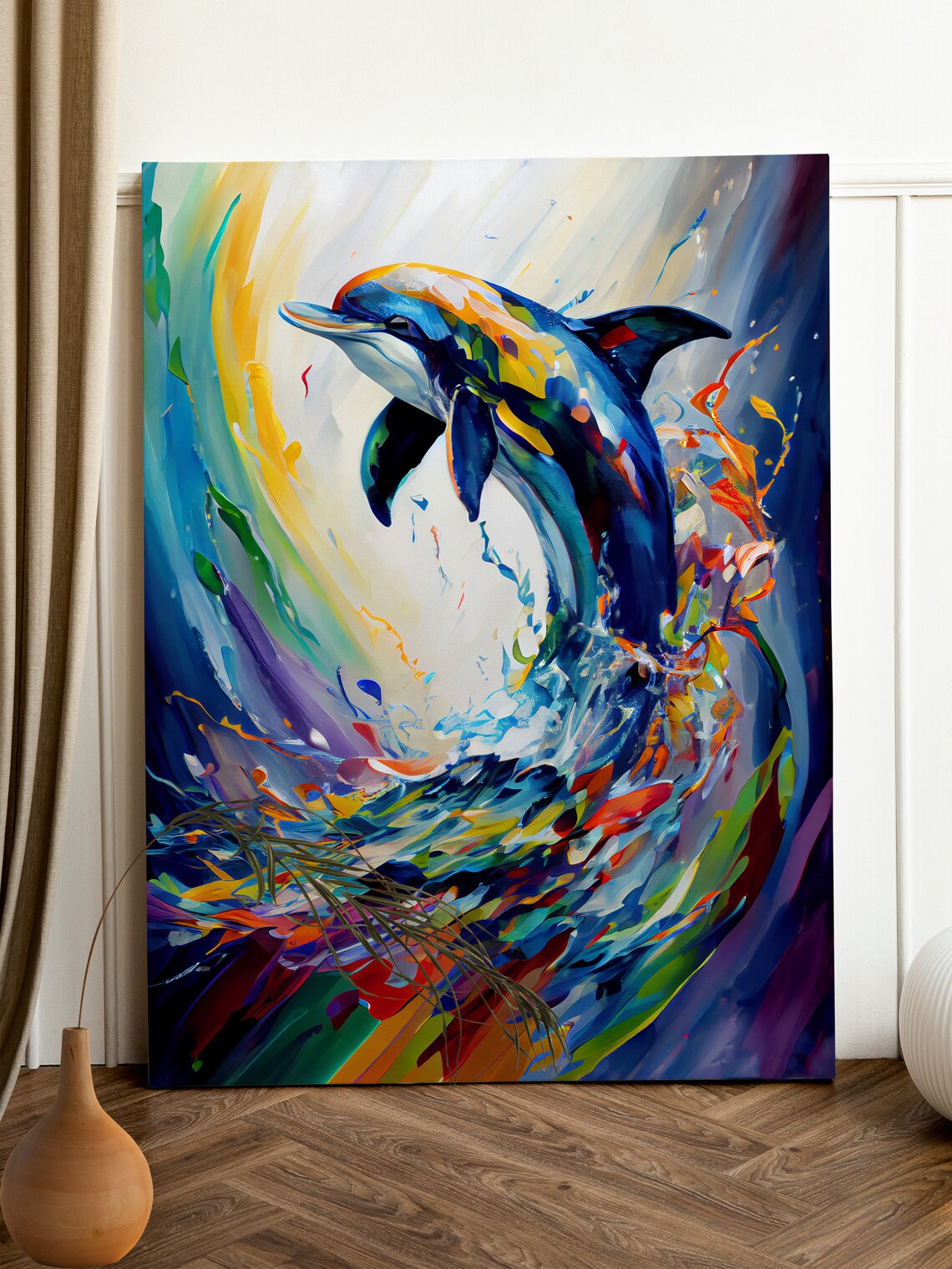 Colorful Dolphin Jumping Ocean Waves Vibrant Marine Animal Art Print - Image 2
