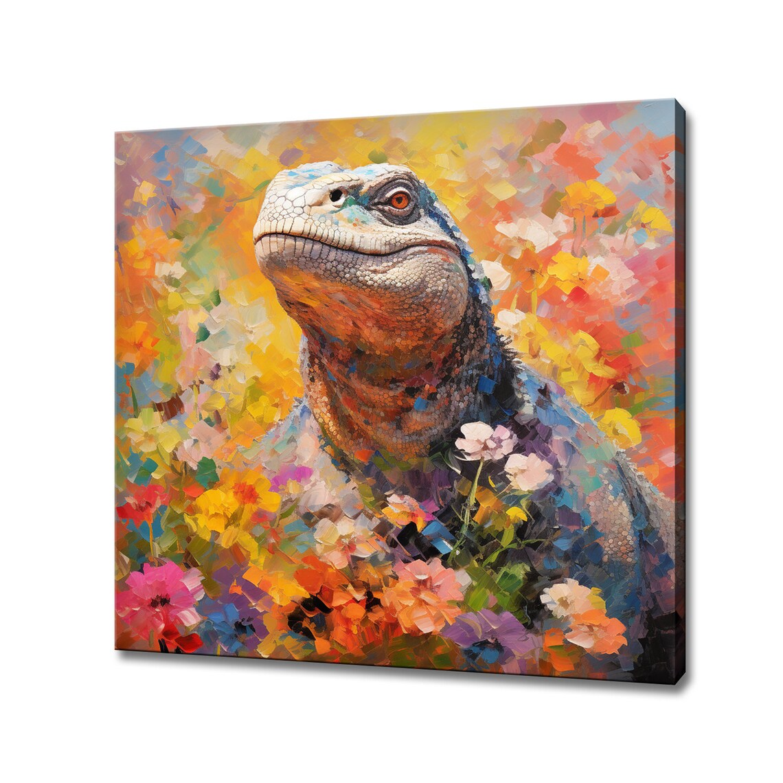 Komodo Dragon Closeup Portrait Among Warm Autumn Flowers Poster