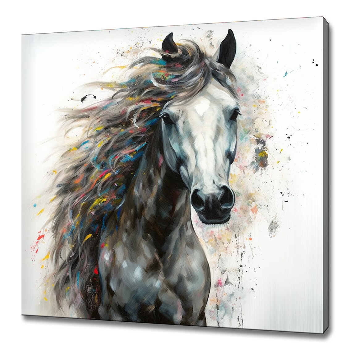 White Horse with Rainbow Flowing Mane Watercolor Equine Art Poster