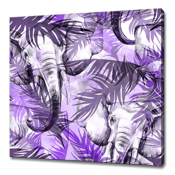 Purple Watercolor Elephants with Tropical Leaves Jungle Art Wall Poster