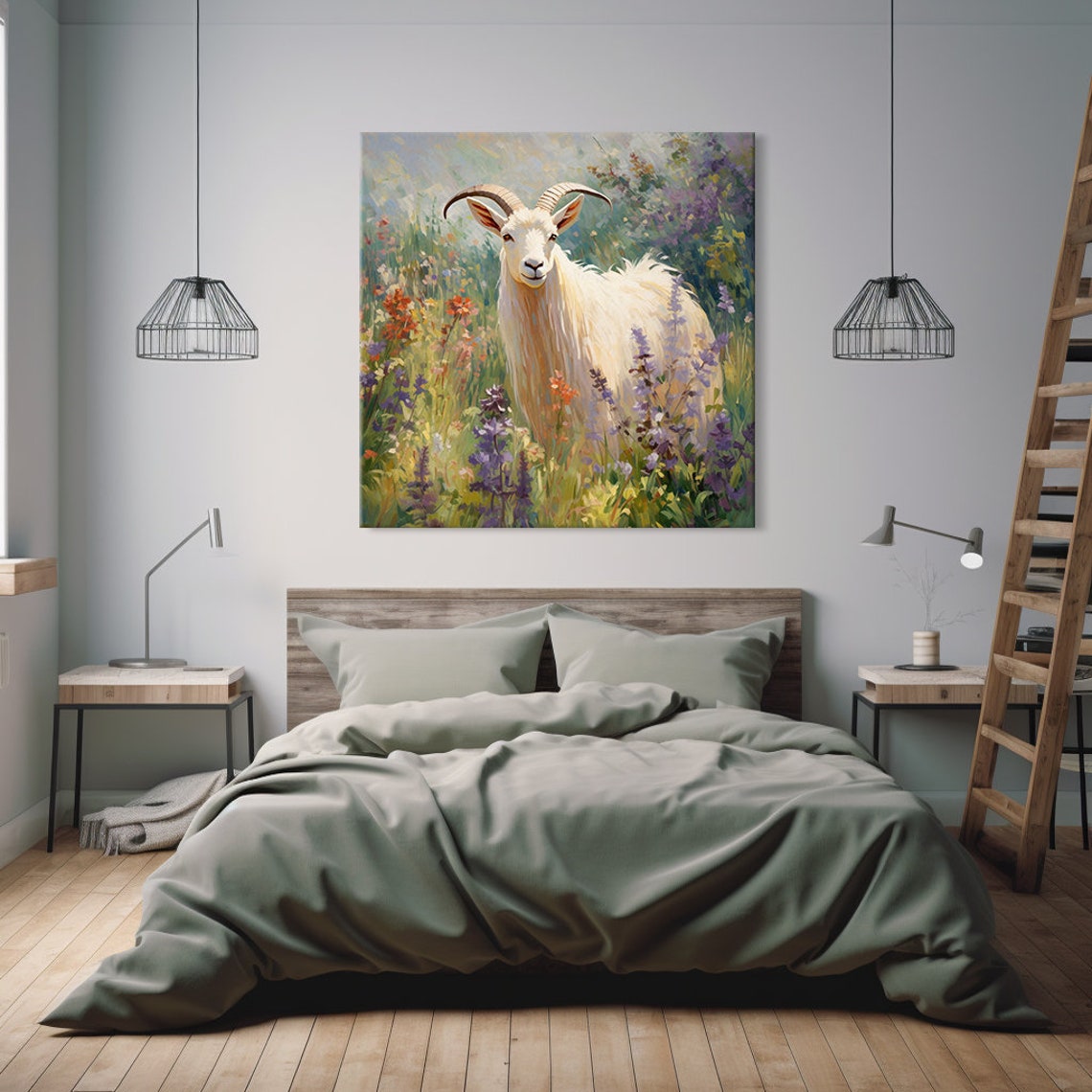 White Goat Portrait Colorful Wildflower Field Painterly Art Poster - Image 2