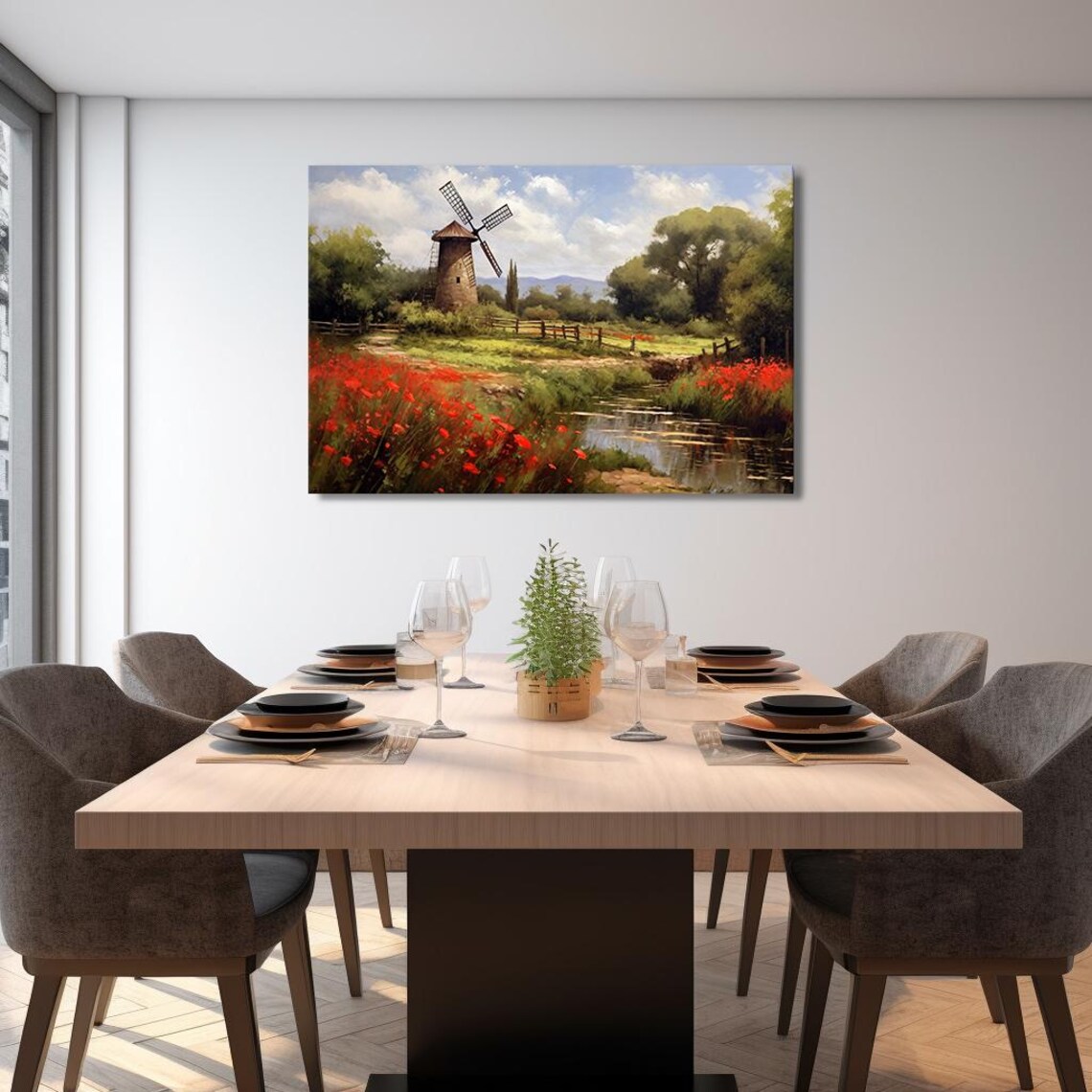 Red Poppies and Windmill, Vintage Farmhouse Art Print - Image 2