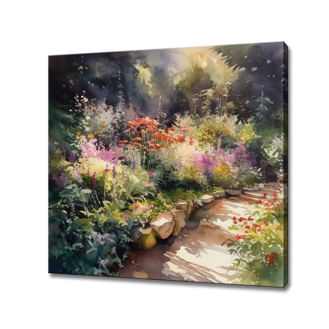 Sunlit Garden Path With Red Poppies Watercolor Floral Landscape Poster