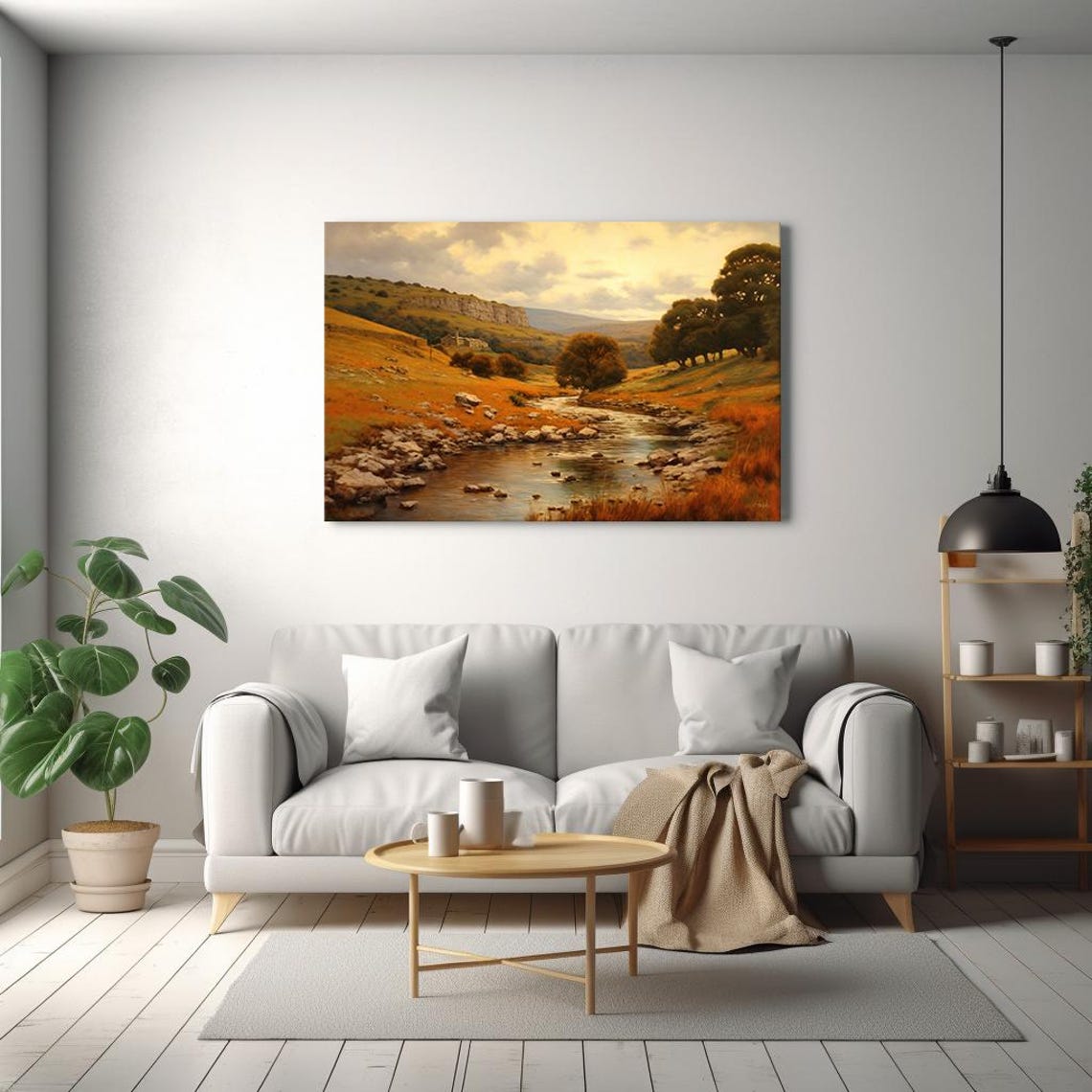 Autumn River Valley Rocky Stream Golden Hills Vintage Landscape Poster - Image 2