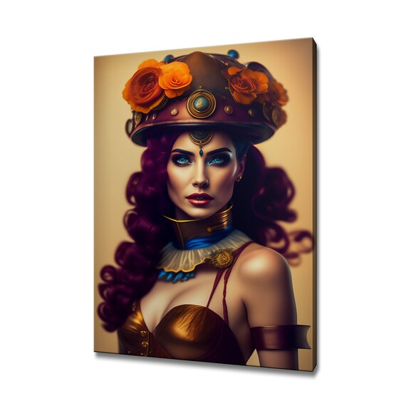 Steampunk Woman With Burgundy Curls Rose Adorned Hat Blue Eyes Art Poster
