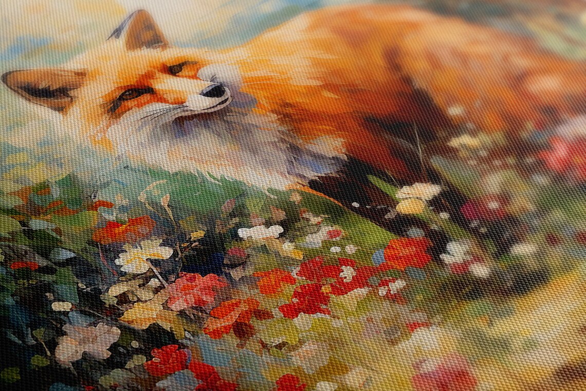 Red Fox Standing In A Colorful Flower Garden Painting Poster - Image 4