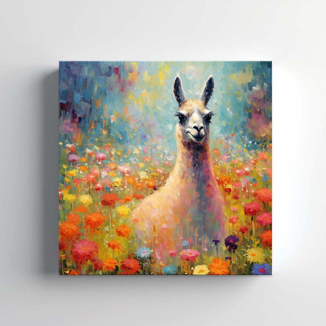 Smiling Llama Portrait in Colorful Wildflower Field Painting Poster - Image 3