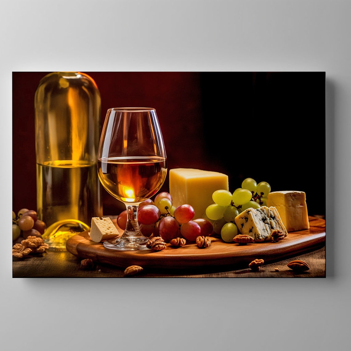 Glass Of White Wine Cheese Grapes Walnuts Rustic Still Life Art Print - Image 3
