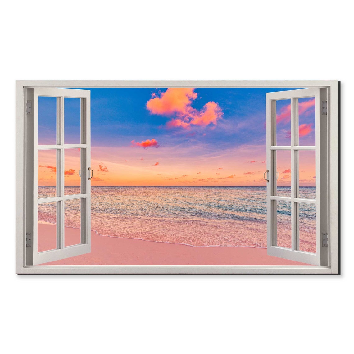 Vibrant Pink Cloud Sunset Over Endless Ocean Beach Open Window Poster