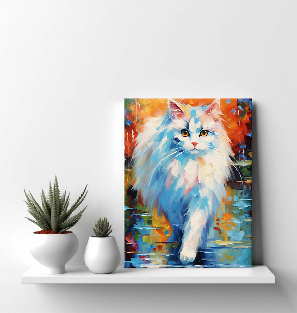 Fluffy White Long Haired Cat Colorful Pop Art Pet Portrait Wall Poster