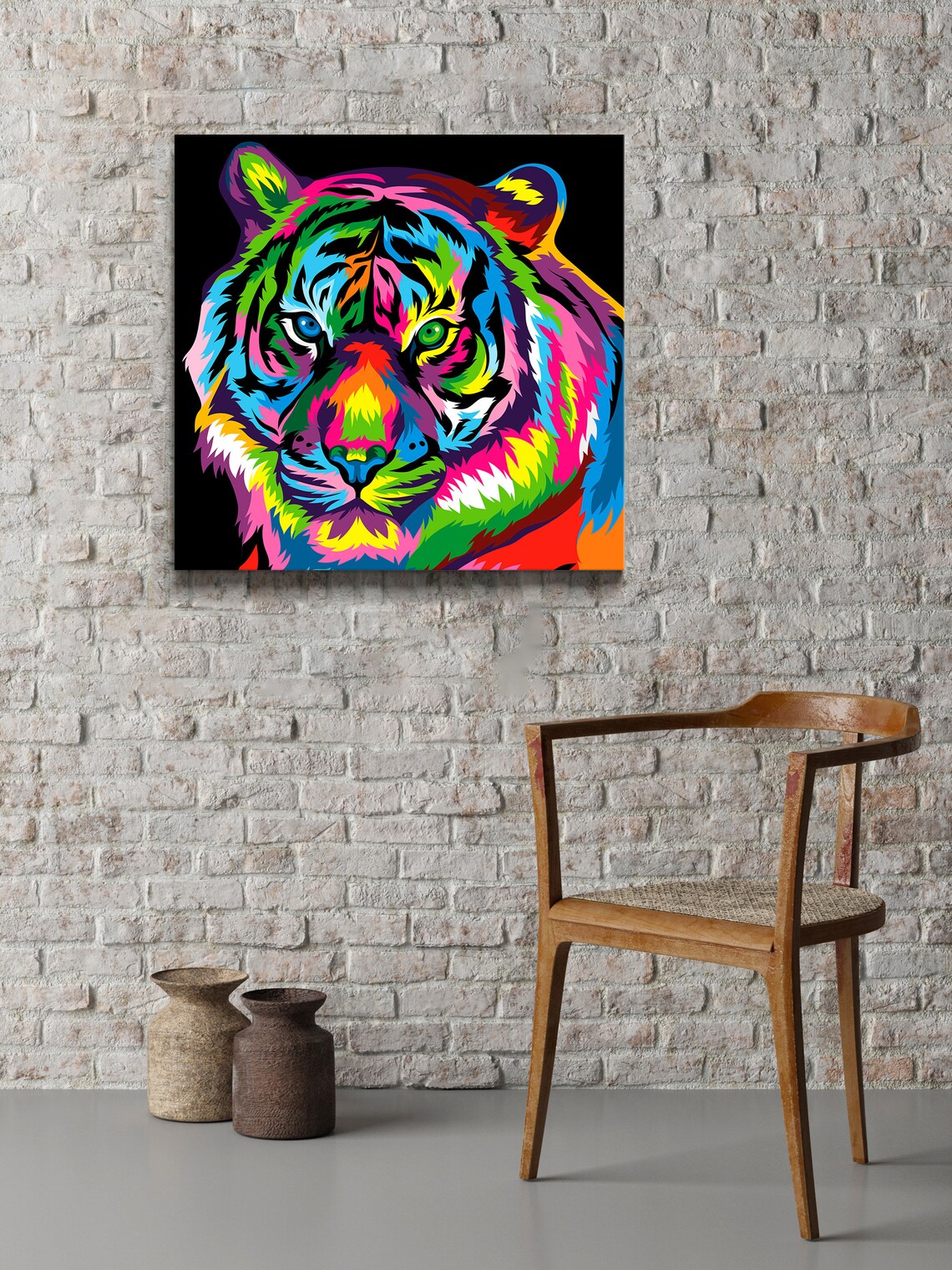 Colorful Tiger Face Blue Green Eyes Pop Art Black Background Poster - Image 2