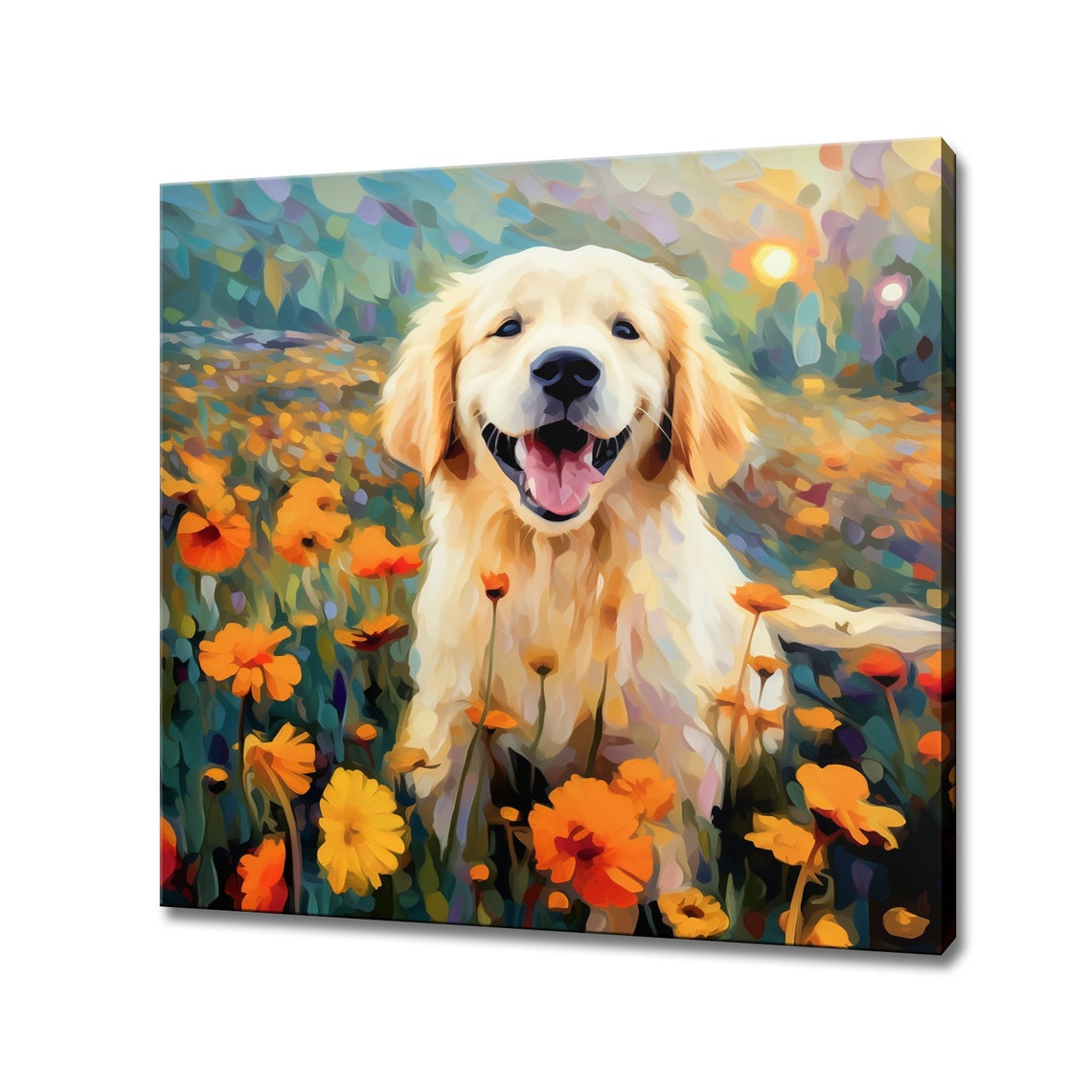 Golden Retriever Puppy In Flowers Field Print Gift For Dog Lover Colourful Dog Portrait Painting Print Dog Pet Wall Art