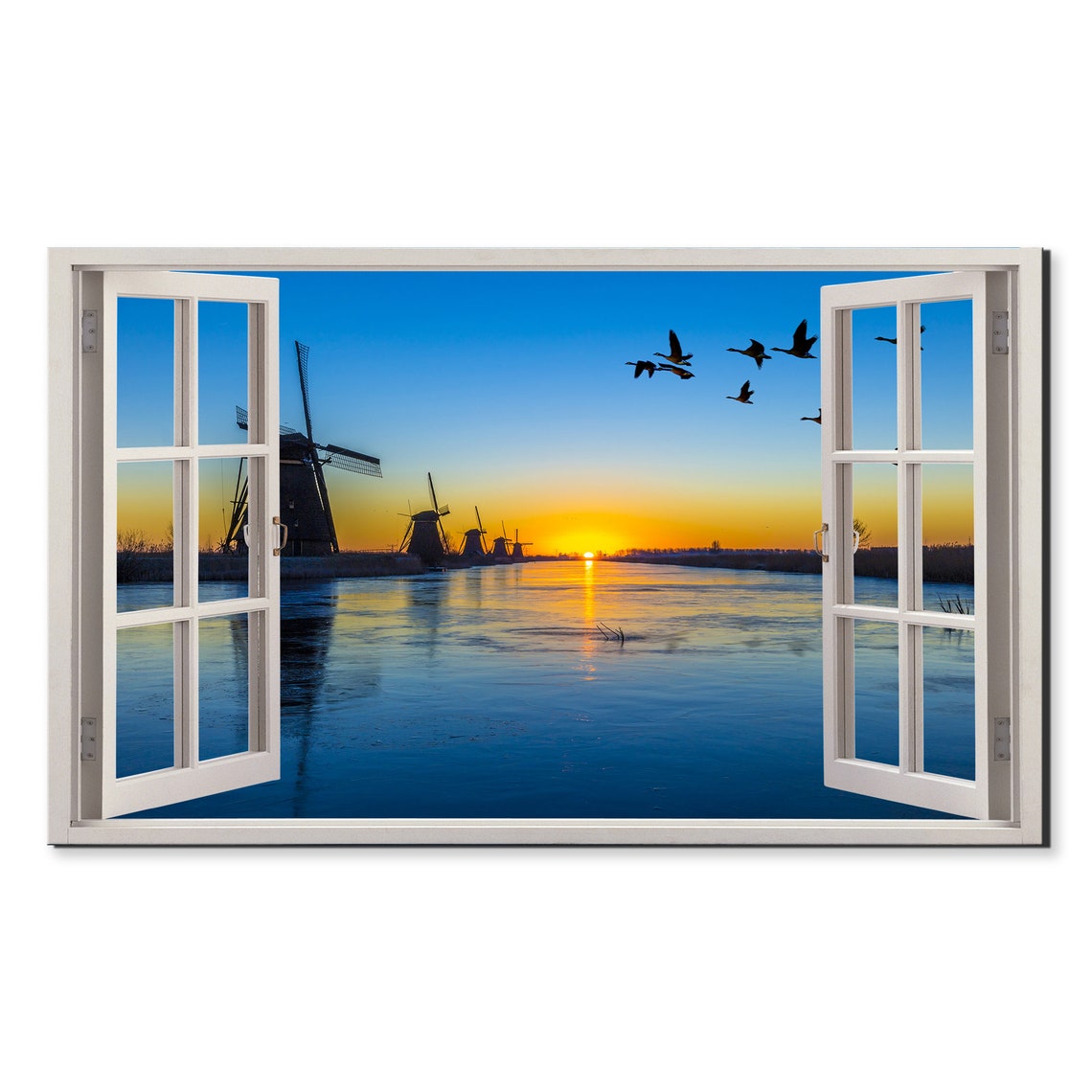 Dutch Windmills Sunset River Geese Flying Open Window View Poster