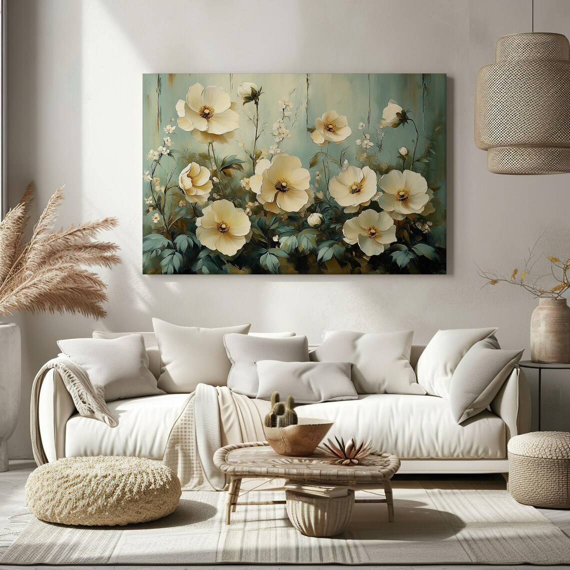 White Wildflowers Golden Centers Soft Teal Vintage Botanical Poster - Image 2