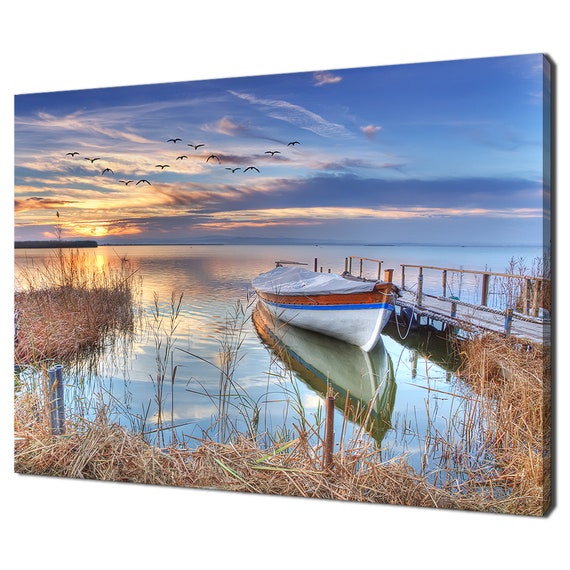 Beautiful Lakeside Sunset Boat Modern Design Home Decor Print Wall Art Picture