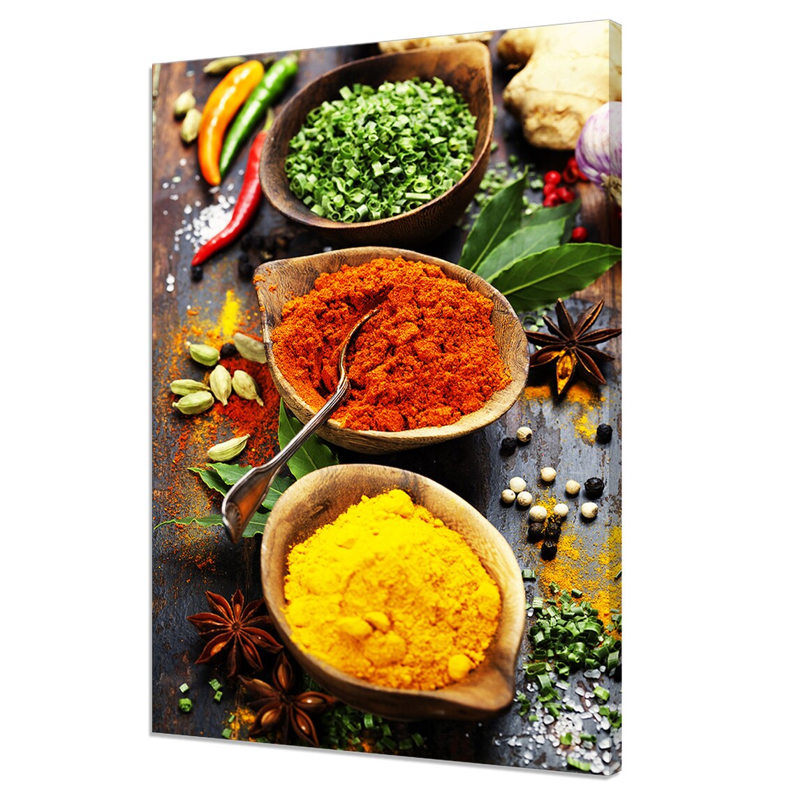 Colorful Spices and Herbs in Wooden Bowls Rustic Kitchen Food Poster