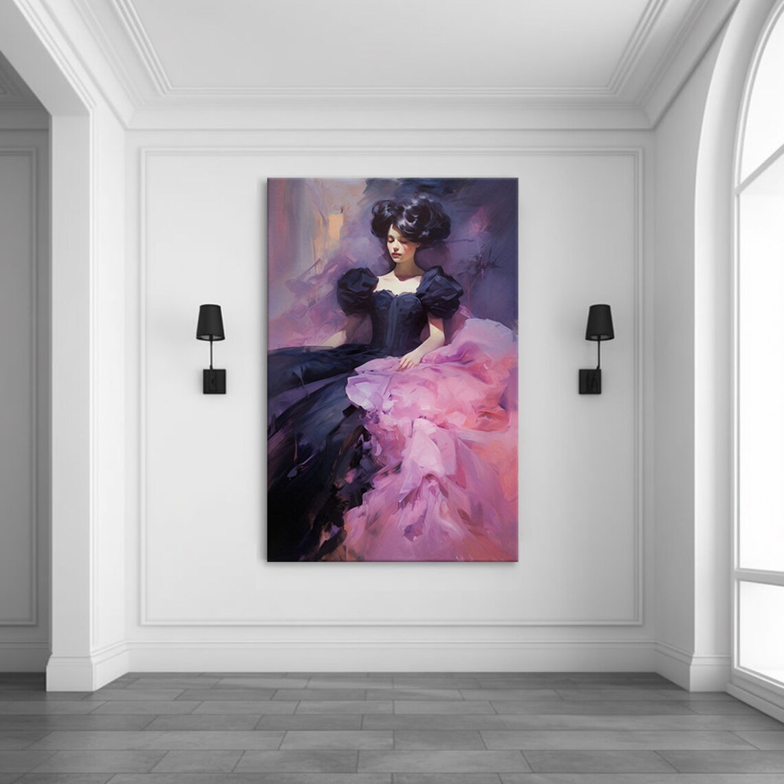 Elegant Lady In Navy And Pink Puff Sleeve Ball Gown Portrait Wall Art - Image 3
