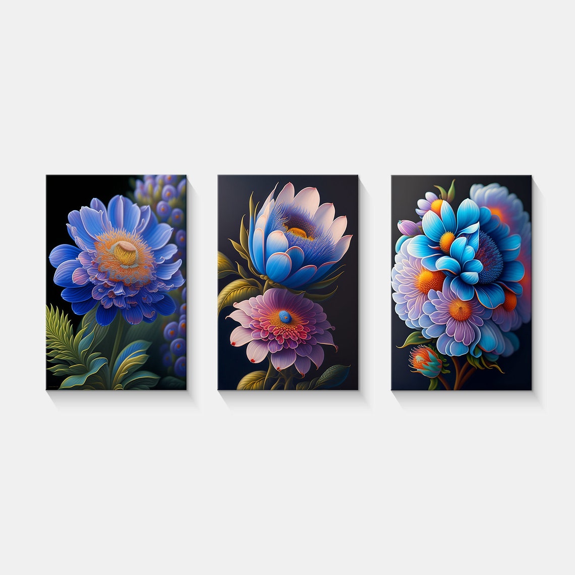 Blue Pink Flower Trio Panels Modern Floral Canvas Wall Art Poster