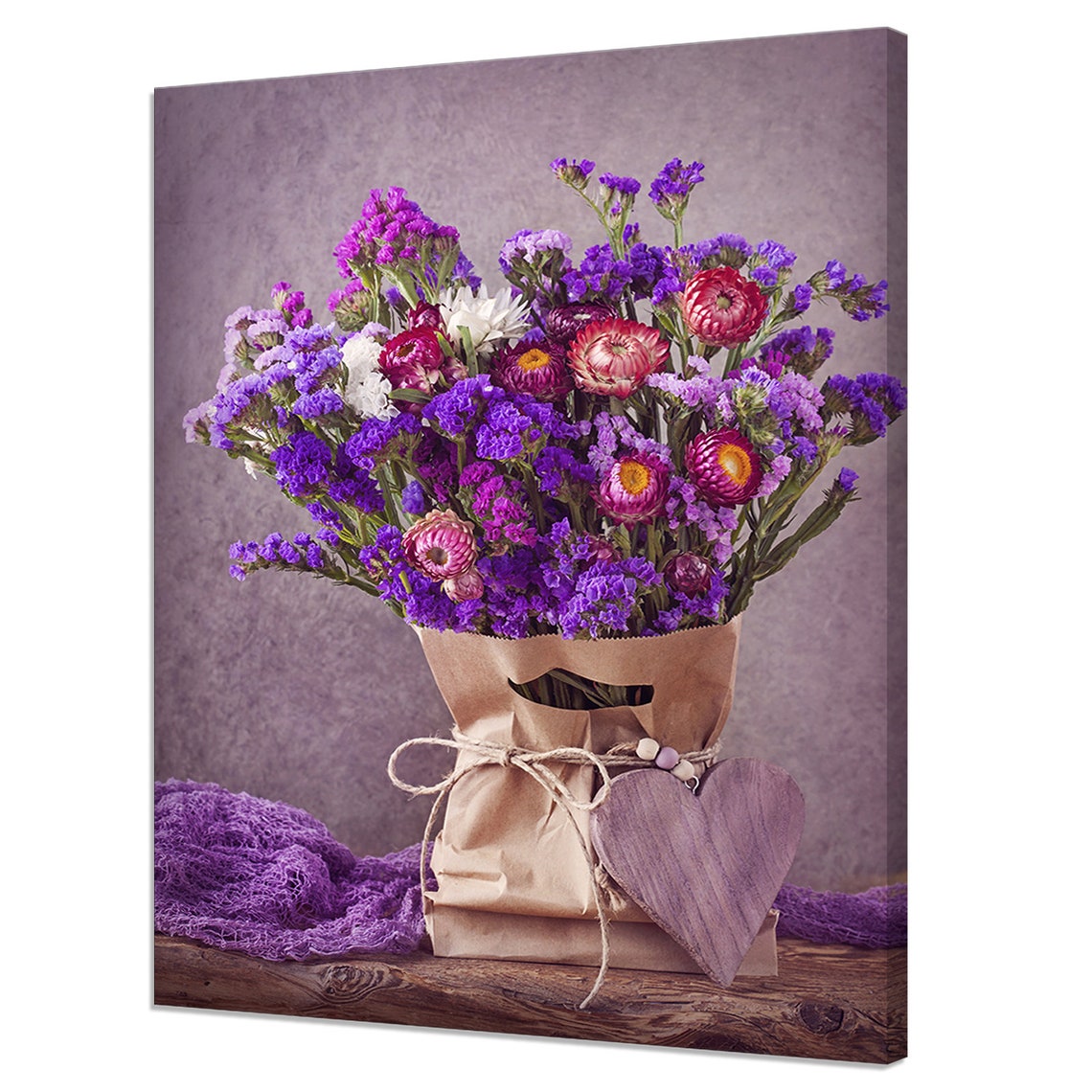 Lilac Autumn Wildflower Bouquet Paper Bag Wooden Heart Rustic Wall Art