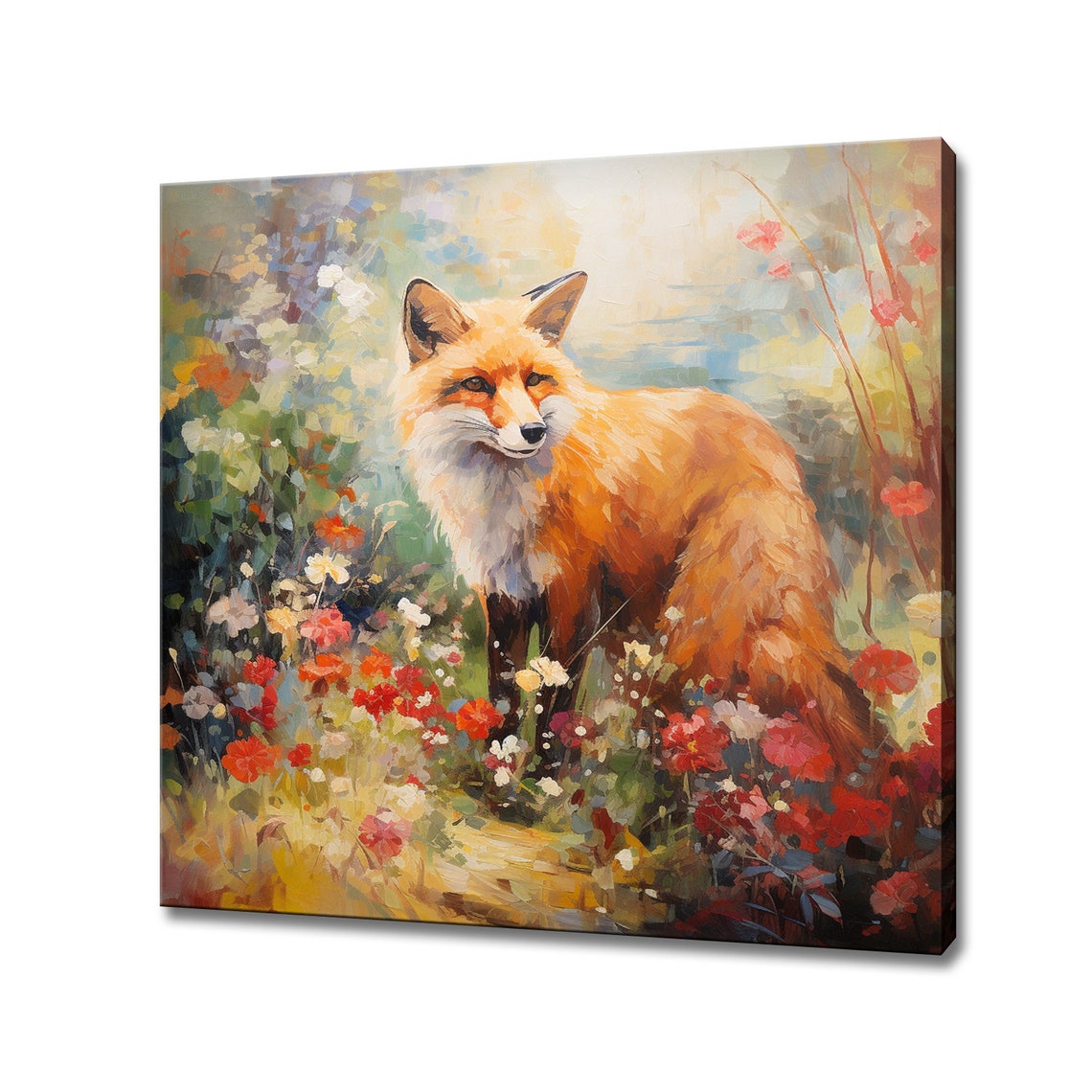 Red Fox Standing In A Colorful Flower Garden Painting Poster