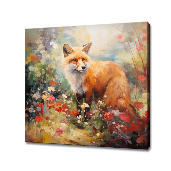 Red Fox Standing In A Colorful Flower Garden Painting Poster