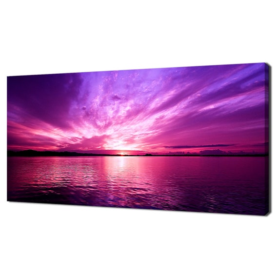 Purple Magenta Cloudy Sunset Seascape Panoramic Modern Design Home Decor Print Wall Art Picture
