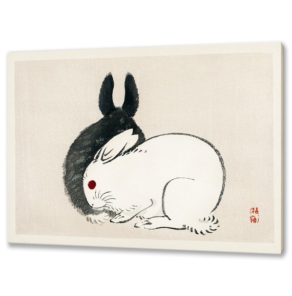 Kono Bairei Black and White Rabbits Japanese Woodblock Art Print