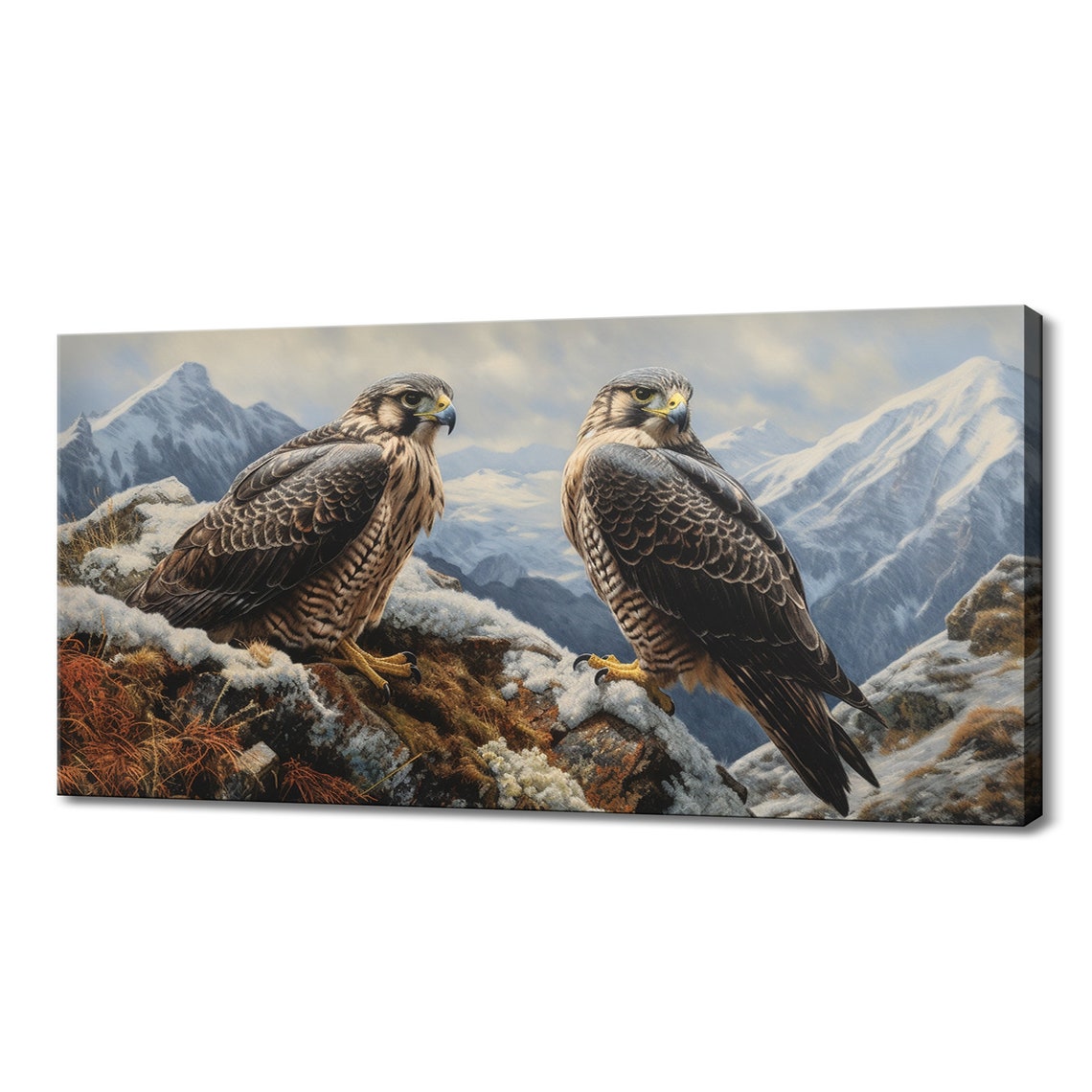 Two Falcons Perched Snowy Mountain Ledge Painted Birds Of Prey Poster