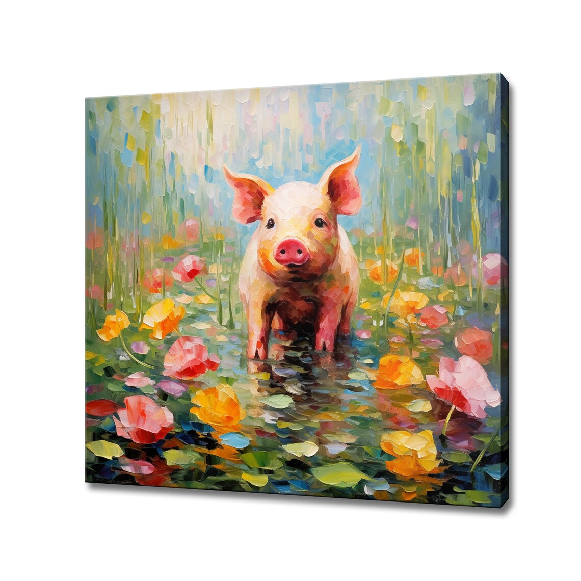 Cute Pink Piglet Among Water Lilies Colorful Impasto Painting Poster