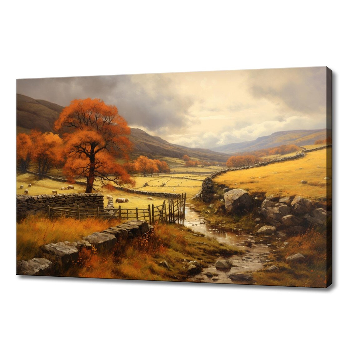 Autumn Countryside Valley Stone Walls Sheep Vintage Rustic Poster