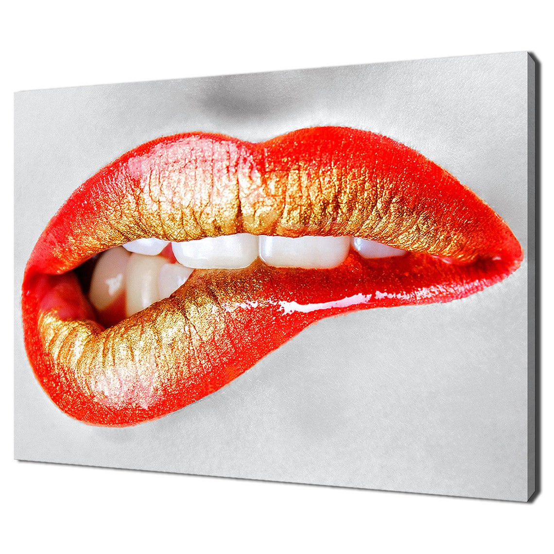 Red Gold Metallic Lips Biting Fashion Beauty Close Up Art Print