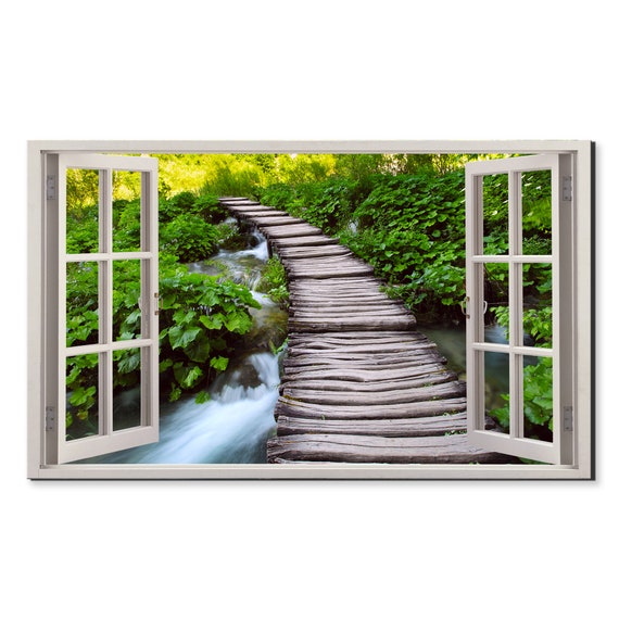 Old Wooden Bridge In The Forest Window View Window Frame Style Modern Design Home Decor Print Wall Art Picture Ready To Hang