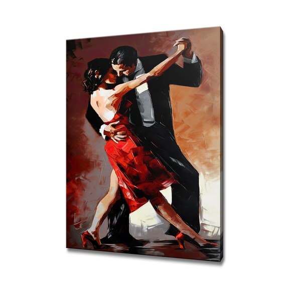 Passionate Tango Dancers Oil Painting Romantic Red Dress Wall Art