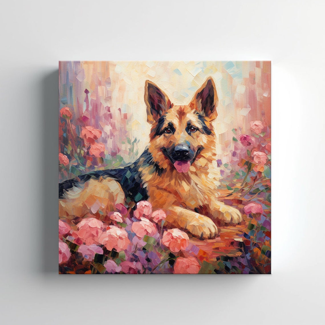 German Shepherd Puppy Lying Among Pink Flowers Painting Poster - Image 3